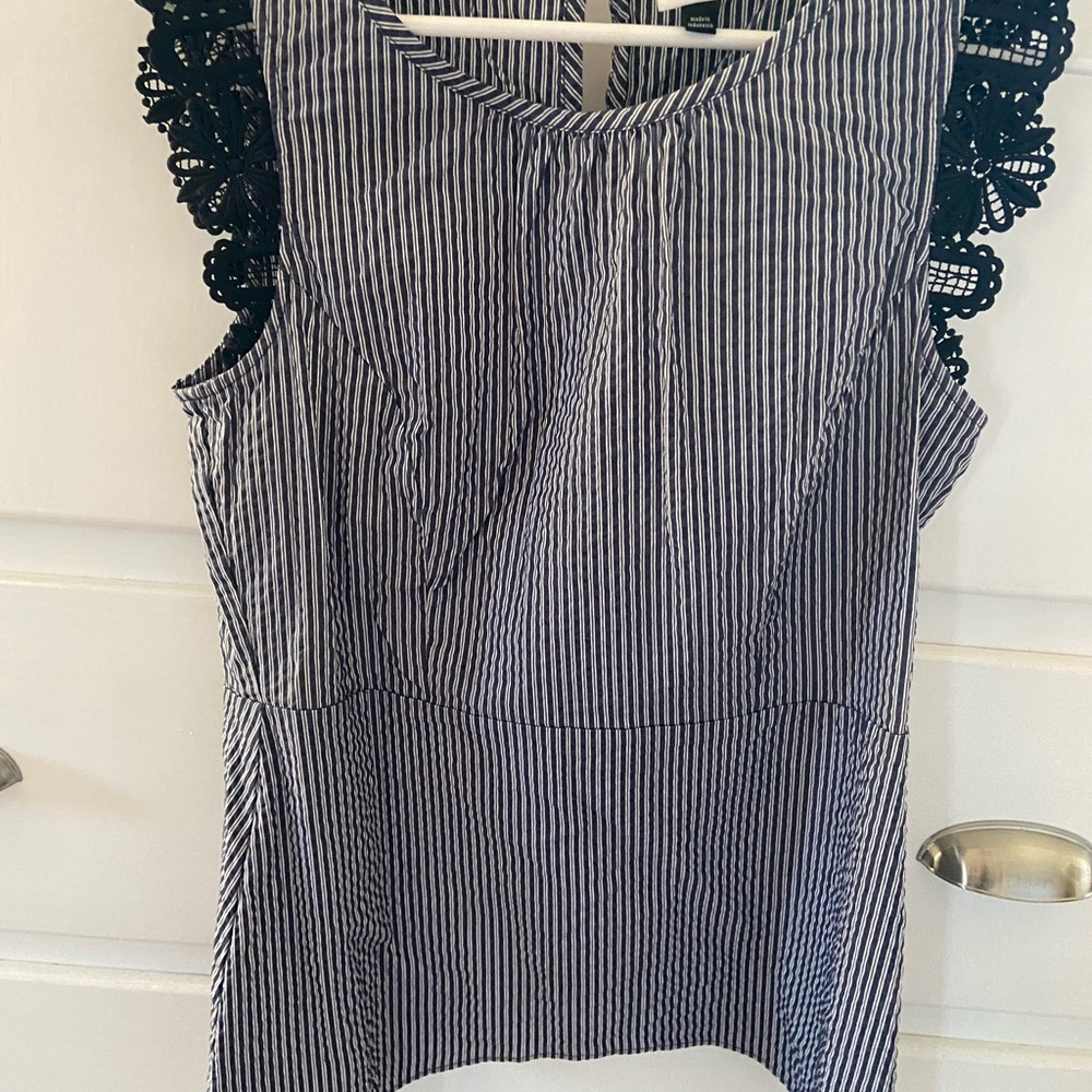 CAbi Navy Striped Top with Black Lace